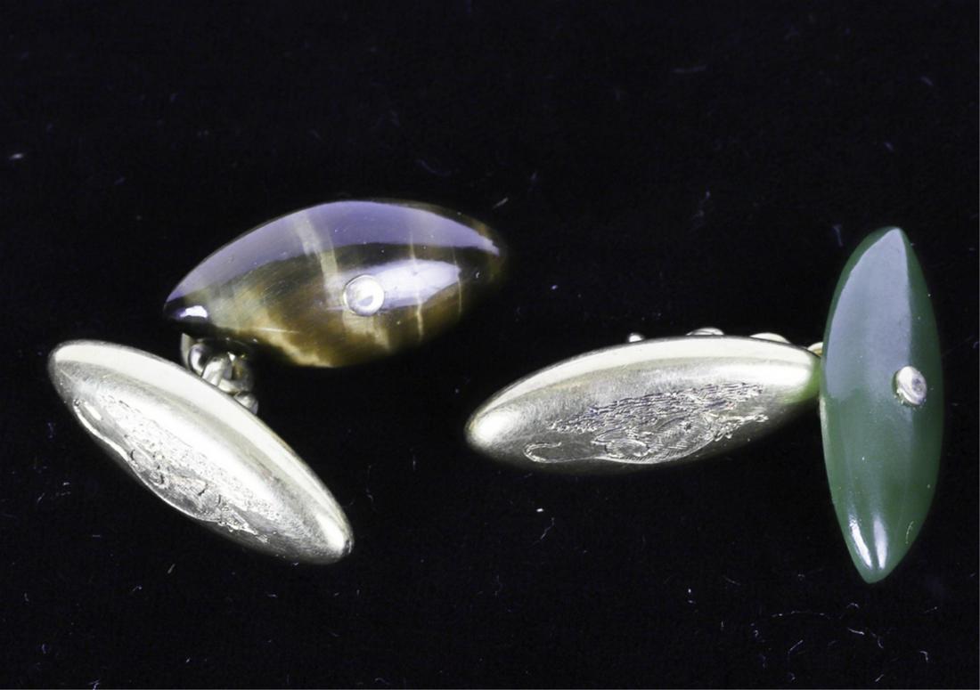 ANTIQUE 14K GOLD CHINESE CUFFLINKS: Engraved rat on gold part. Cats eye on one and green jade on the other. Not marked. Tests as 14K. Nice quality and detail