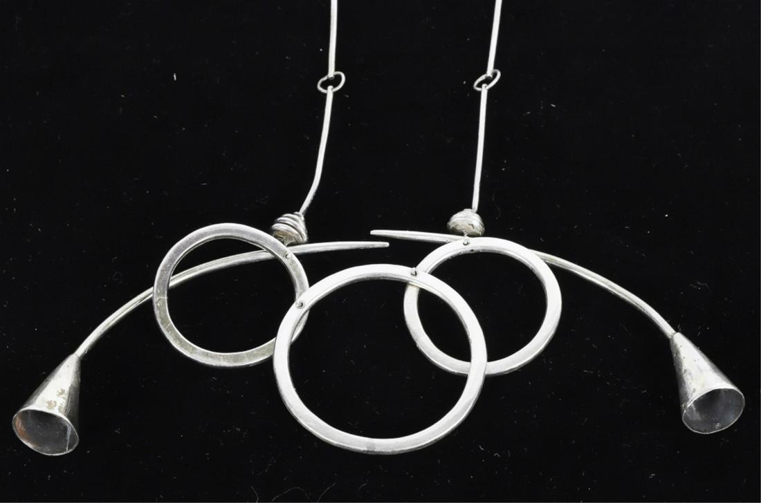VINTAGE STERLING SILVER SOLID LINK 3 RING NECKLACE: Designer made. Possibly Astrid Fog for George Jensen. Not marked. Tests as sterling silver
