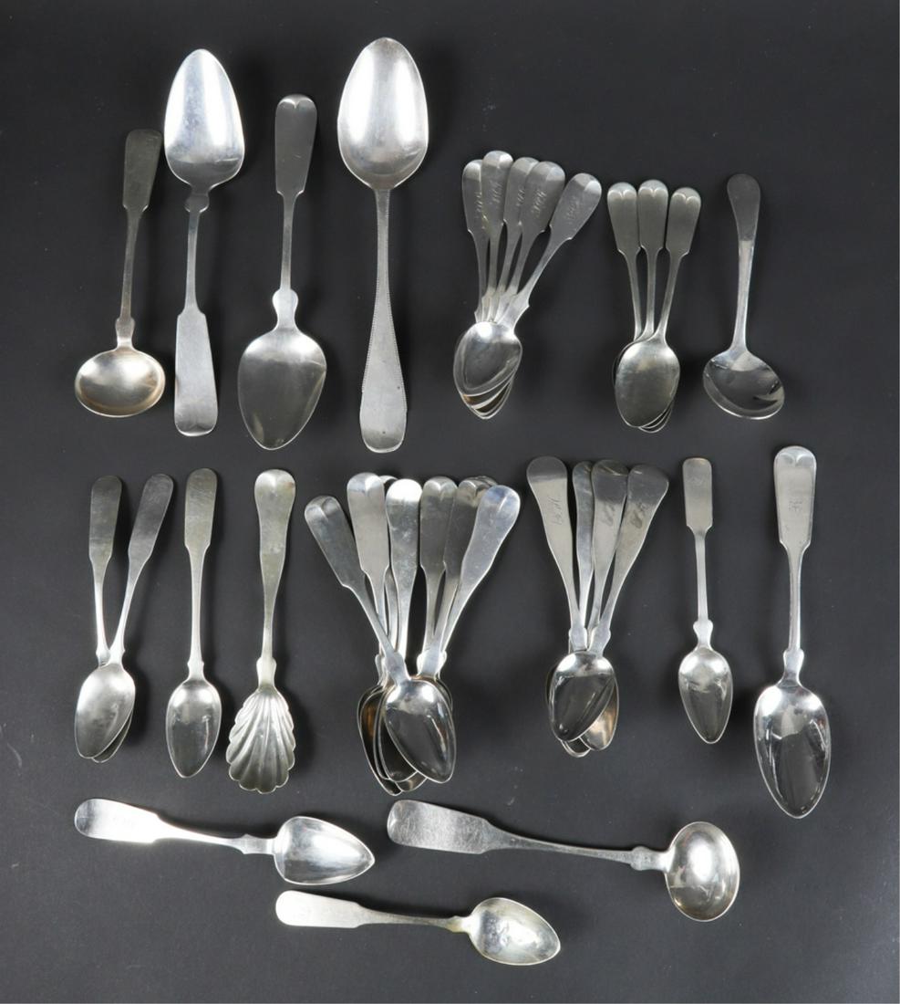 GROUPING OF COIN SILVER TABLESPOONS/ TEASPOONS etc: Makers include: Twombly & Smith, Carleton & Kimball, O. Reed, N. Harding, etc. 20.6 troy ounces