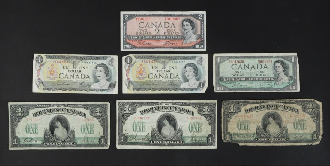 (7) CANADIAN BANK NOTES: Including: (3) 1917 $1, (2) 1954 $1 and $2, and (2) 1973 $1.