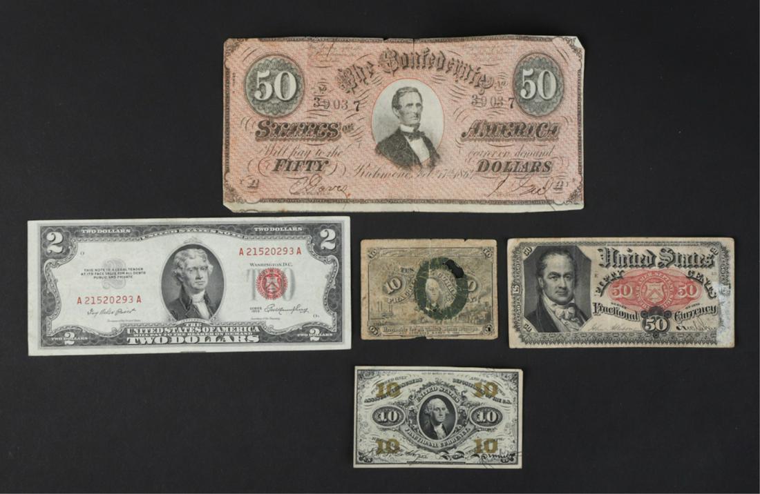 (5) AMERICAN BANK NOTES: Including: Confederate $50, (2) 1863 10 cent fractional & receivable for stamps, 1875 50 cent fractional and a 1953 red seal silver certificate.