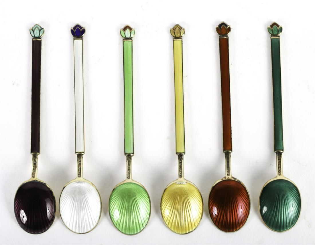 6) SILVER-GILT DEMITASSE SPOONS by DAVID ANDERSEN: Norway. Enameled backs and handles. 3 3/4 inches. 1.88 troy ounces.