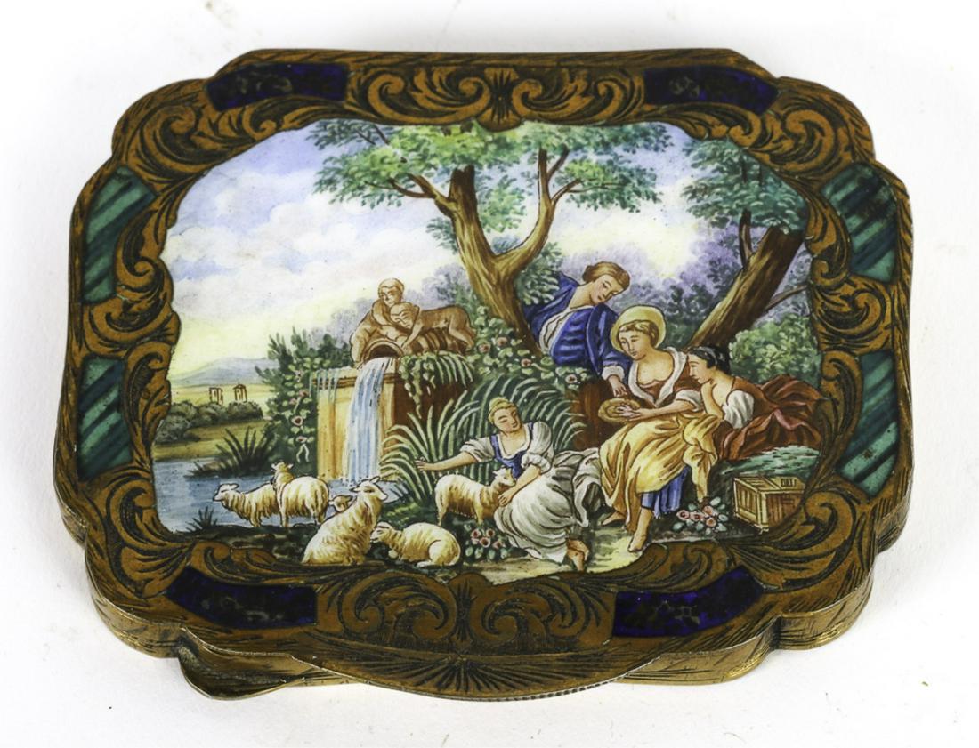 ENAMELED SILVER-GILT COMPACT with ROMANTIC SCENE: Finely hand-painted enamel cover inlaid with malachite & lapis and engraved with scrolls and acanthus leaves. marked 800. 2 3/4 x 3 1/4 inches. 3.85 troy ounces (including mirror, inlays etc)