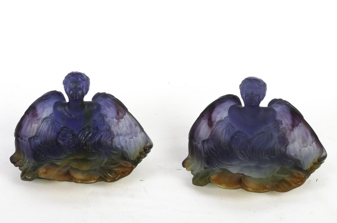 PAIR OF DAUM PATE de VERRE ANGEL ART GLASS DISHES: Signed Daum France. 3 5/8 x 5 3/4 inches