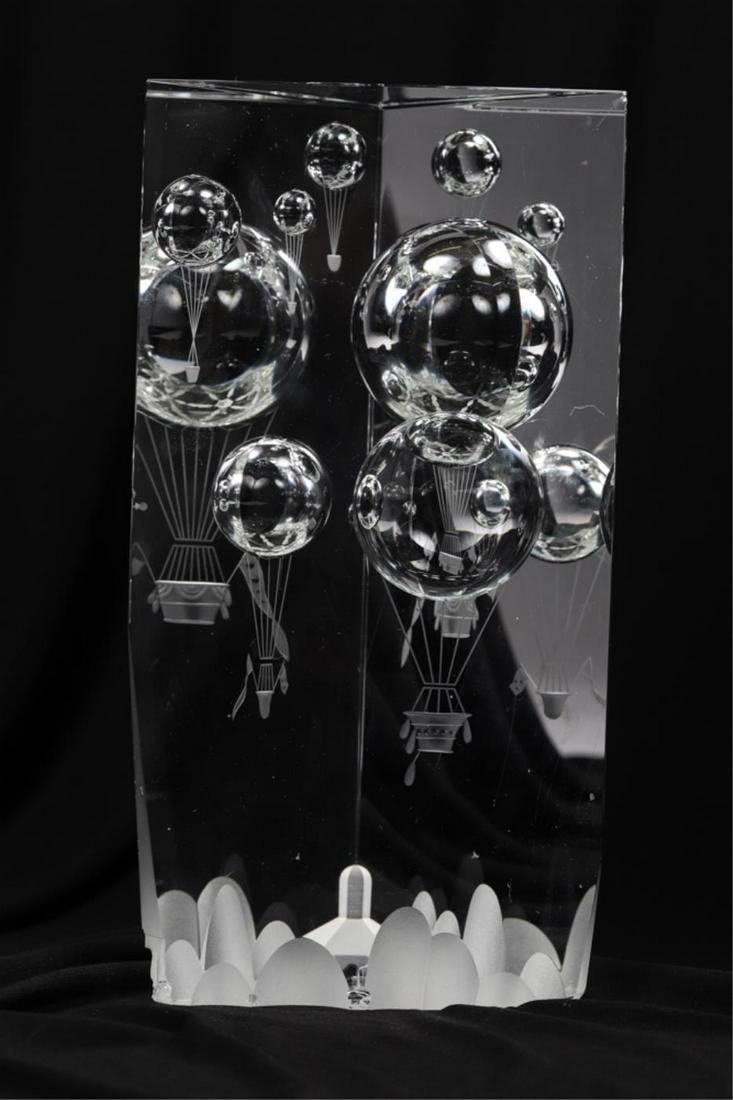 STEUBEN GLASS: “Balloon Rally #0361” designed by Bernard X. Wolff in 1985, on granite base, signed, 10”h x 5”w x 4.25”d, minor chips
