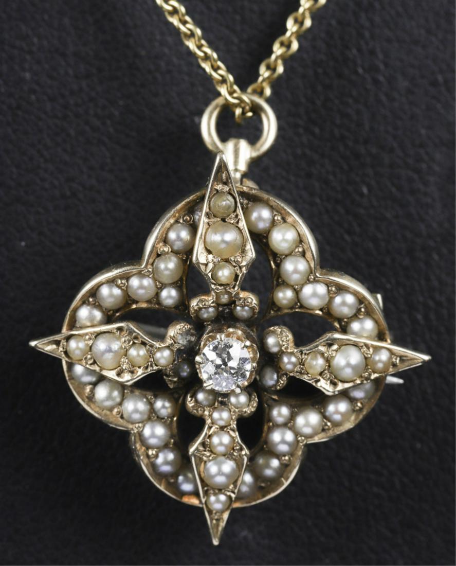 14k GOLD PENDENT NECKLACE set with DIAMOND & PEARL: .12 Ct Old mine cut diamond is set in 1 inch rose gold quatrefoil with black seed pearls. Pendent can be also used by itself as a brooch. 10k Gold chain measures 24 inches. Pendent is 14k gold tested.