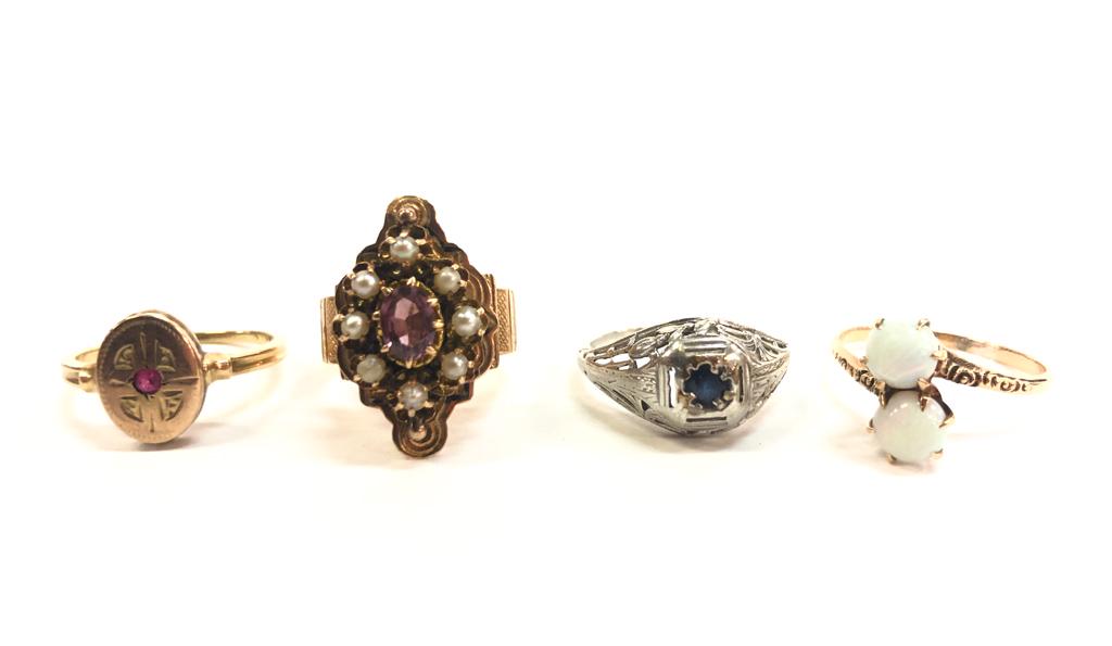(4) ANTIQUE 14k WHITE and ROSE GOLD RINGS: Including: Art deco white gold set with a sapphire size 6, aesthetic movement rose gold set with amethyst and pearls size 5, double opal size 73/4 and an oval example set with a ruby size 6 1/2.