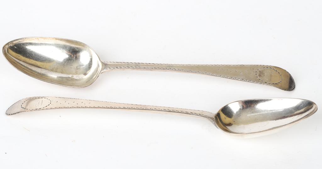 (PAIR) MICHEAL KEATING STERLING SILVER TABLESPOONS: George III 1782 Dublin, Ireland. bright cut and engraved with a centaur. 9 1/2 inches 4.6 troy ounces.