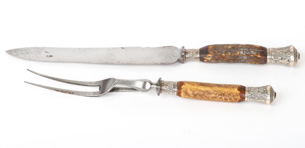SHEFFIELD CARVING SET ANTLER & STERLING HANDLES: James Dixon & Sons Sheffield c 1810 with sterling silver mounts signed J.B. 15 inches (and under)
