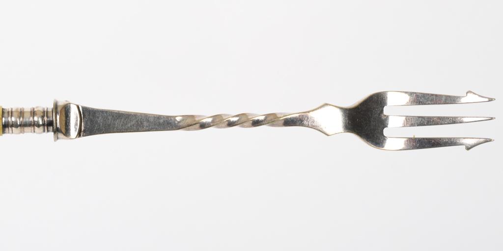 (2) VICTORIAN BREAD FORKS and an OLIVE FORK: Silver plated otherwise unmarked 9 1/2 inches (and under)