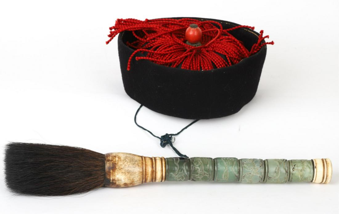 ASIAN HAT & CALLIGRAPHY BRUSH with JADE HANDLE: Brush comprising of (6) jade rings carved with birds. 16 inches. (19th/ 20th c) Chinese Official's Hat retains its original label. approx size 8.
