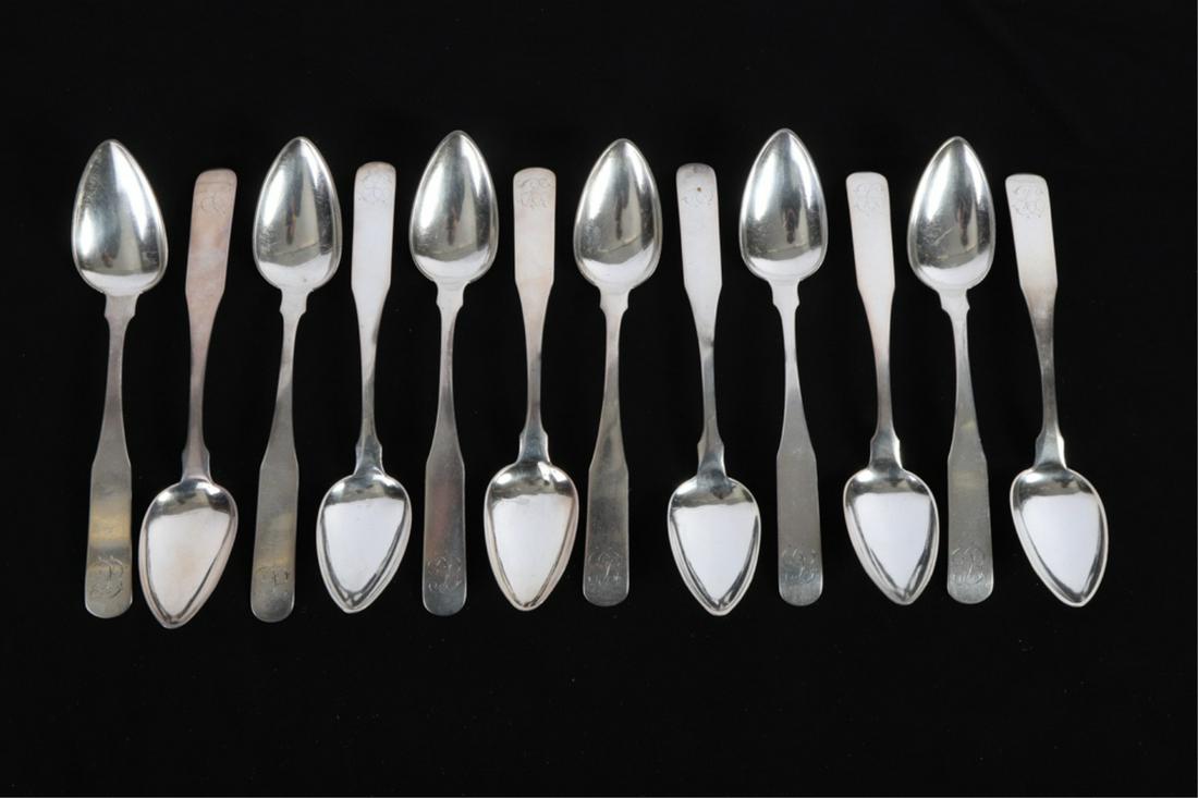 (12) STERLING SILVER SPOONS by WILLIAM WOOD of D.C: Georgetown 1808-1822. 7 1/2 inches. 11 troy ounces.