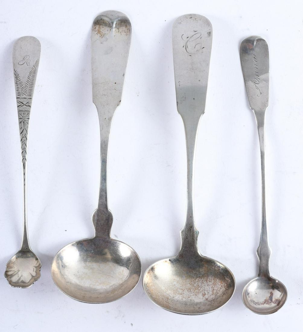 (4) COIN and STERLING SILVER SERVING PIECES: Representing Newburyport, Haverhill etc. including: George Greenleaf mustard spoon, W.P. Jones mustard spoon with shell bow and sauce ladles by L. Sawyer and Harding. 6 1/8 inches (and smaller) 2.26 t