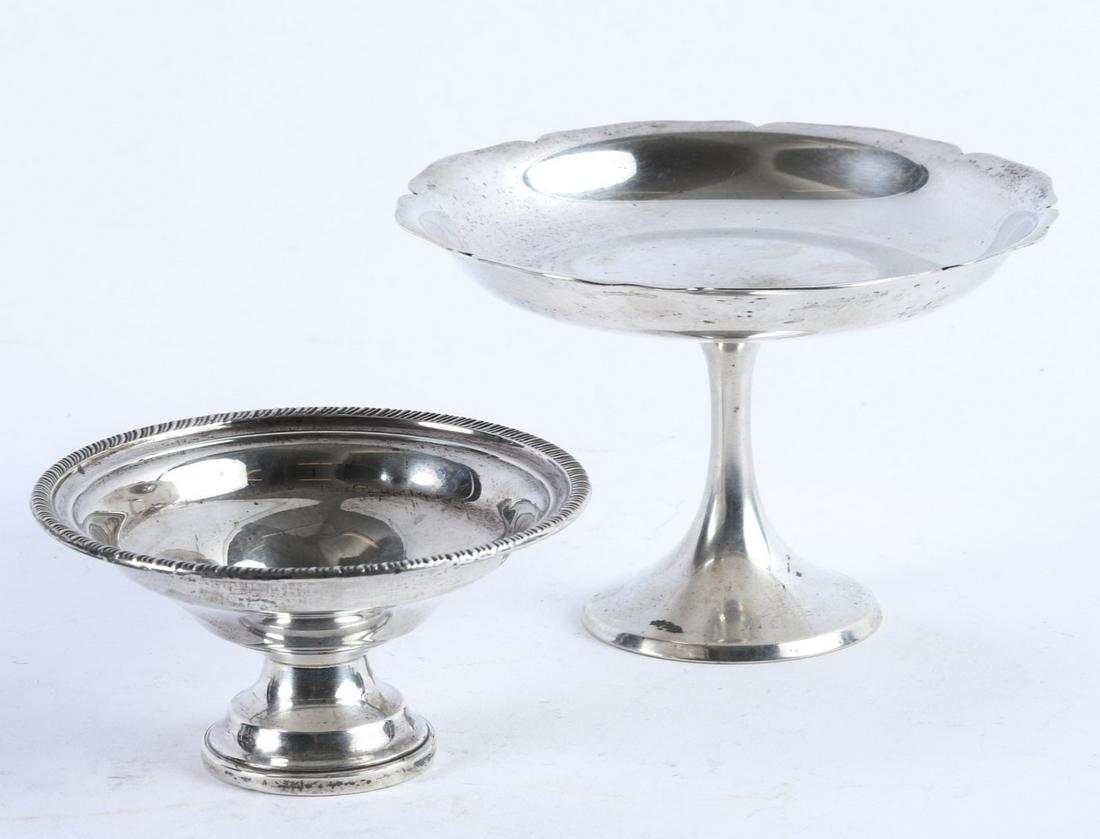 MANCHESTER STERLING SILVER TEZZA & SECOND EXAMPLE: Manchester with a beautiful pedestal and pedalled rim. 4 inches. Together with an sterling silver weighted example. 2 1/2 inches. 6.16 troy ounces (un-weighted only)