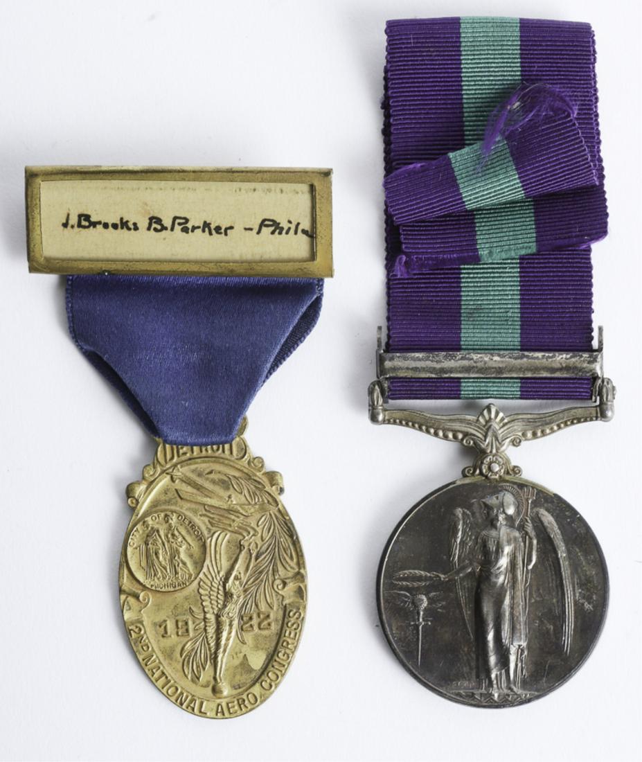 1922 2ND NATIONAL AERO CONFERENCE DETROIT MEDAL: J. Brooks B. Parker of Philadelphia. Bastian Brothers gilt bronze . 3 1/4 inches (overall) Together with a British medal for service in Palestine 1945-1948.