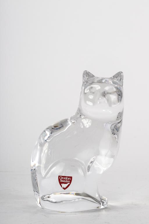 ORREFORS SWEDEN CRYSTAL SITTING CAT: Original sticker. 5 inches.