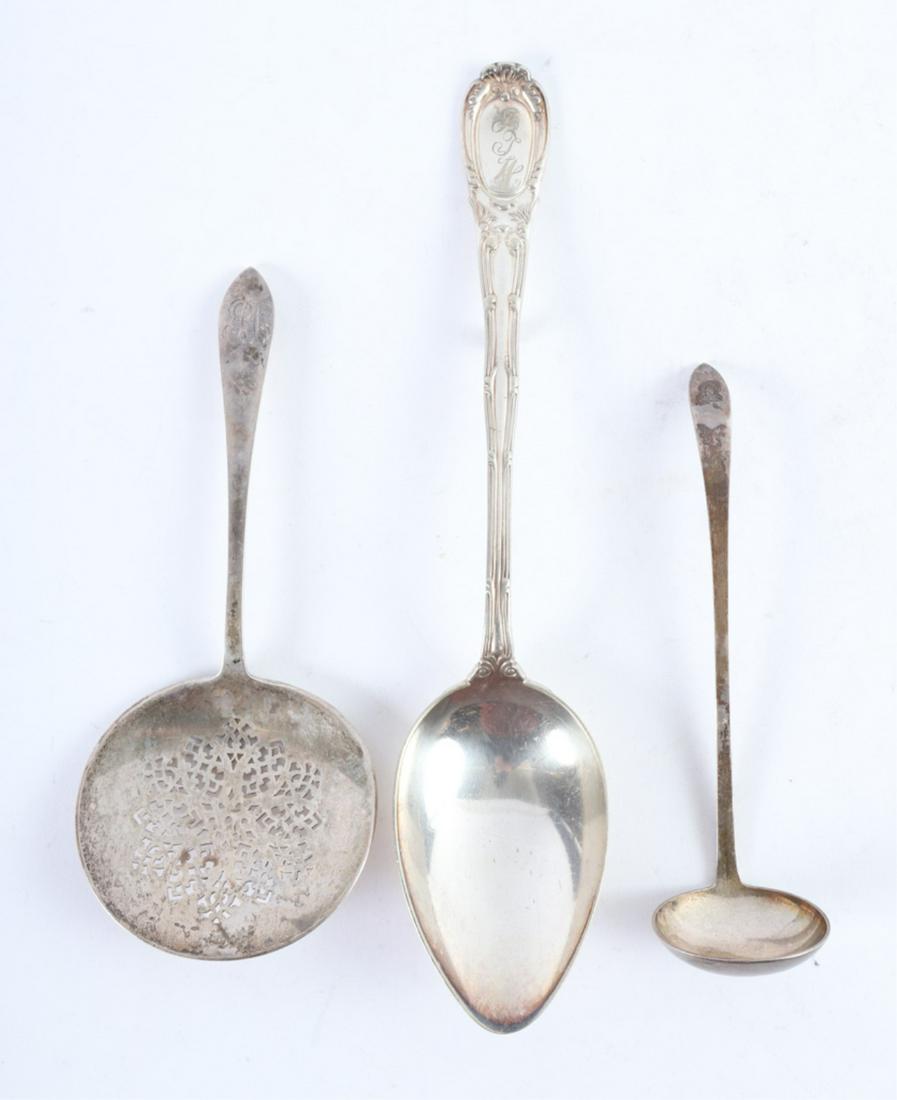 (3) TIFFANY & CO STERLING SILVER SERVING PIECES: Including: Stuffing spoon, sauce ladle and tomato server. 10 3/4 inches (and under) 8.38 troy ounces