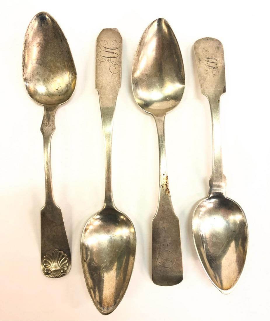 (4) COIN SILVER TABLESPOONS: Samuel Brown, S. Hoyt & Co, R. & W. Wilson and T. Keeler. 9 1/2 inches (and under) 7.35 troy ounces