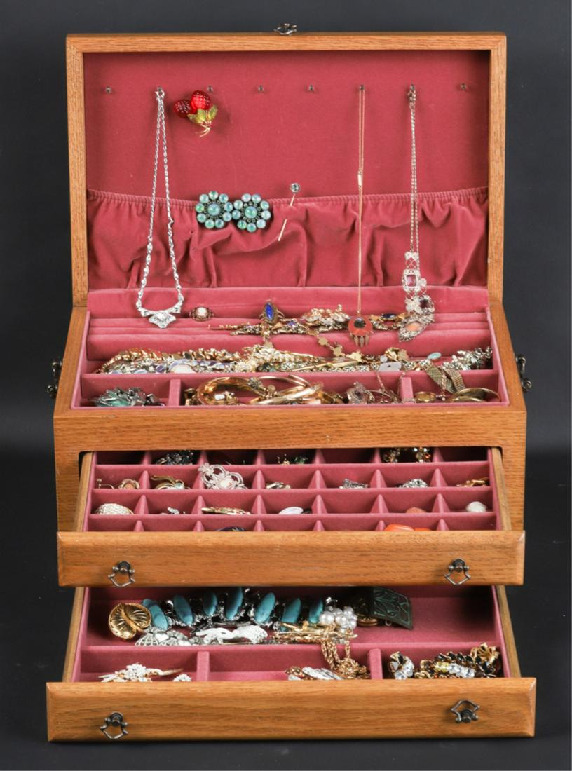 OAK JEWELRY BOX with VICTORIAN & COSTUME JEWELRY: Including: Victorian gold filled cameo cufflinks, gold filled bangle bracelets, locket, rose gold-filled brooch, silver filigree, cameo ring, to vintage and contemporary examples. 7 x 15 x 9 1/2 inche