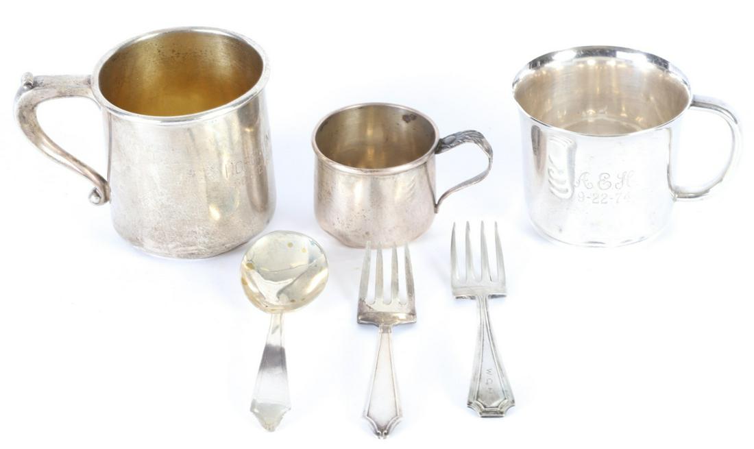 (6) STERLING SILVER JUVENILE CUPS & UTENSILS: Preisner, Gorham and unmarked cups, 4 1/4 inches (and under). 8.22 troy ounces