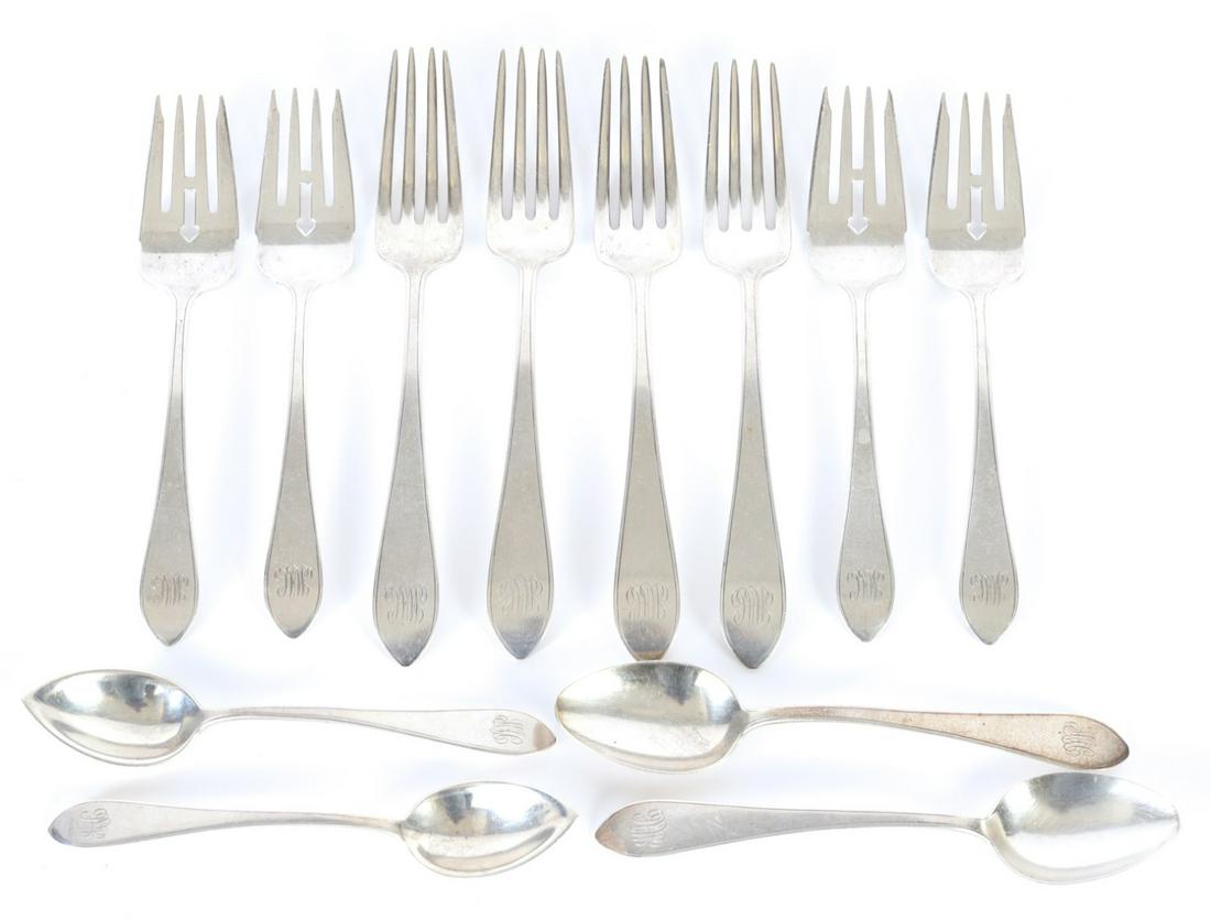 DOMINICK & HAFF STERLING SILVER SPOONS & FORKS: 7 inches (and under) 13.42 troy ounces.