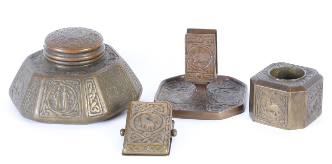 (4) TIFFANY STUDIOS ZODIAC DESK ACCESSORIES: Including: Inkwell #1072, Pen wipe #1085, Paper Clip #1080 and Matchstand #1041.