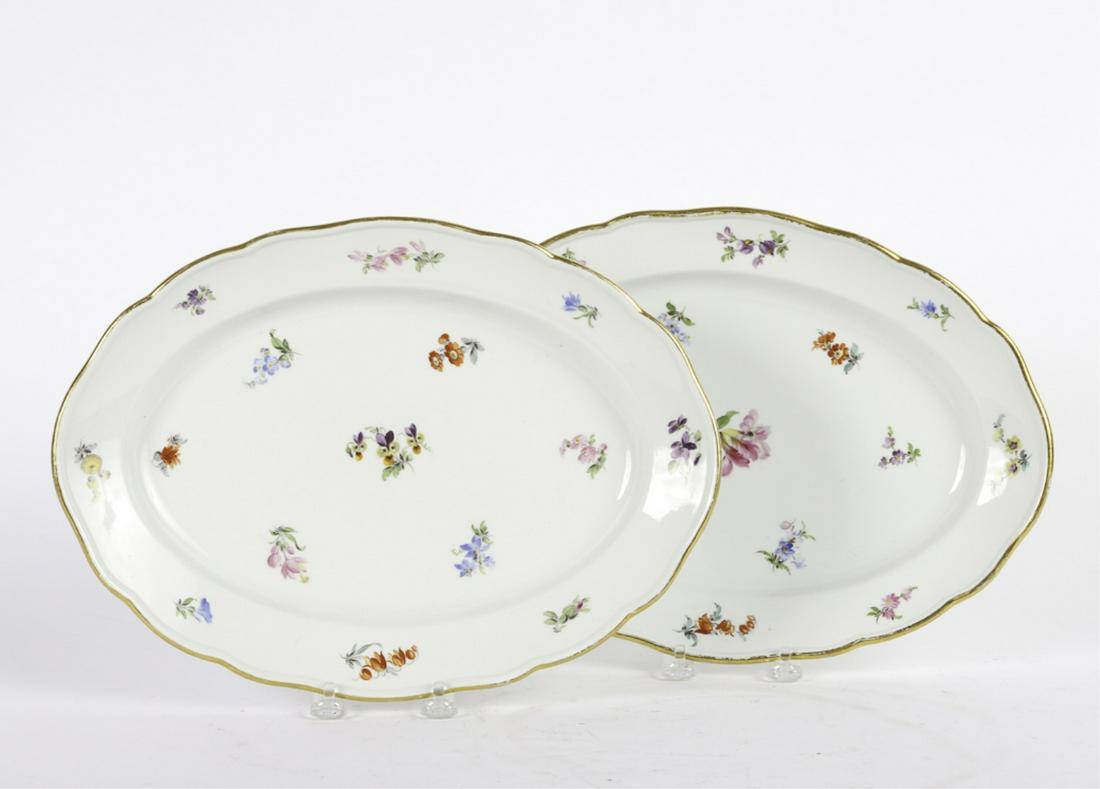 PAIR OF MEISSEN PORCELAIN OVAL TRAYS: Hand painted porcelain with gold rims 10 x 13 1/2 inches