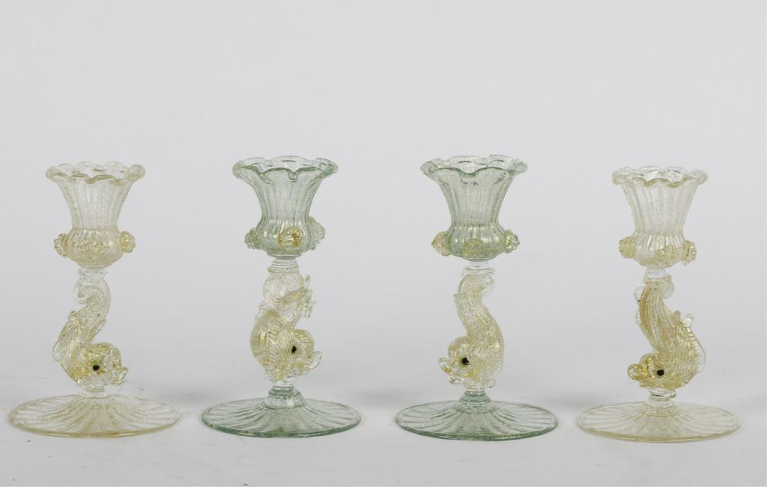 2) PAIR of MURANO GLASS DOLPHIN-FORM CANDELSTICKS: In the manner of Salviati. Blown with gold flecks. Including (2) clear and (2) green glass sockets. 5 inches.
