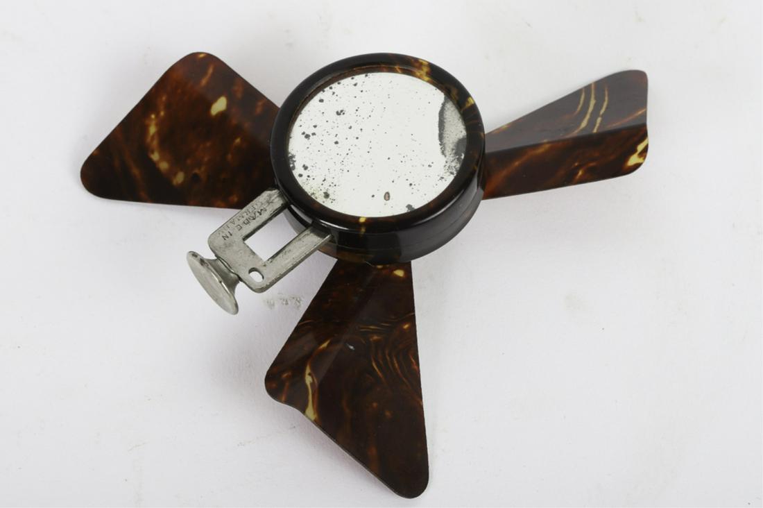 VINTAGE THUMB POWERED HAND FAN with MIRROR: Faux tortoise. Made in Germany. 3 1/2 inches.