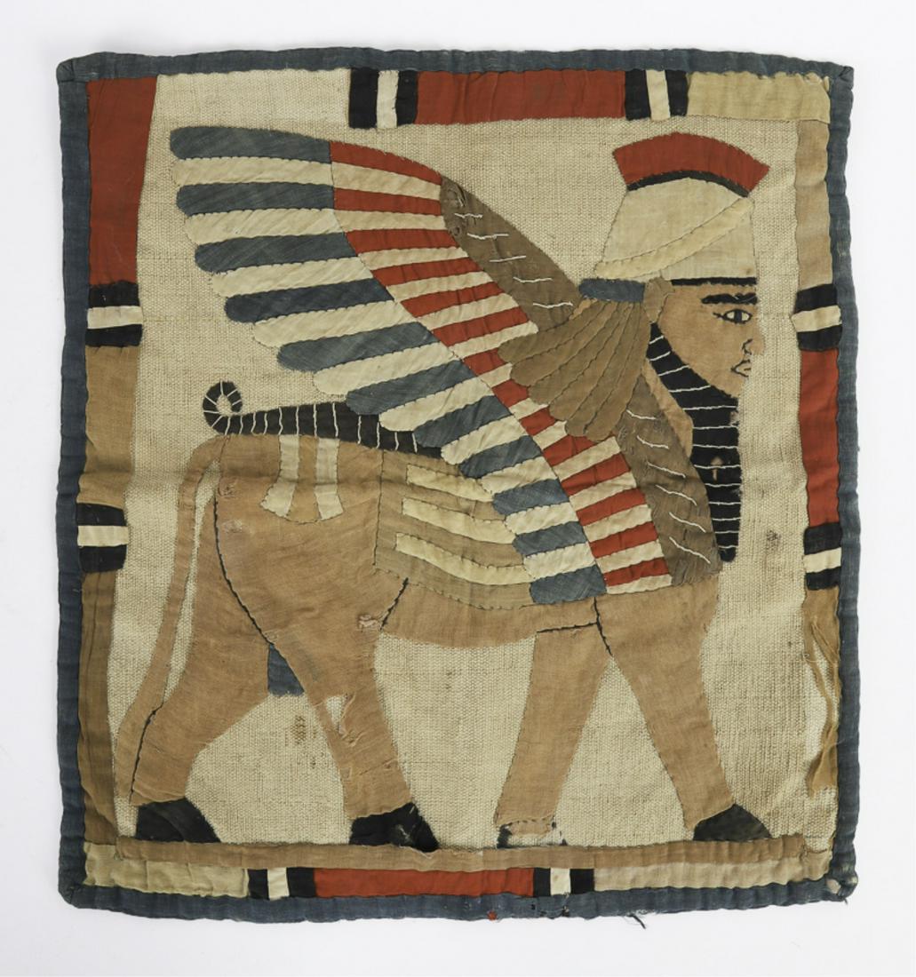 EGYPTIAN SPHINX HAND SEWN MAT: Quilted cotton on a finely wove burlap. 20 x 18 inches