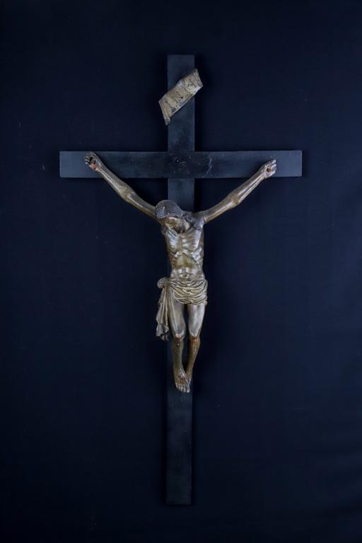 (19th c) JESUS ON THE CROSS / THE TWELFTH STATION: Carved and painted wood. 38 inches.