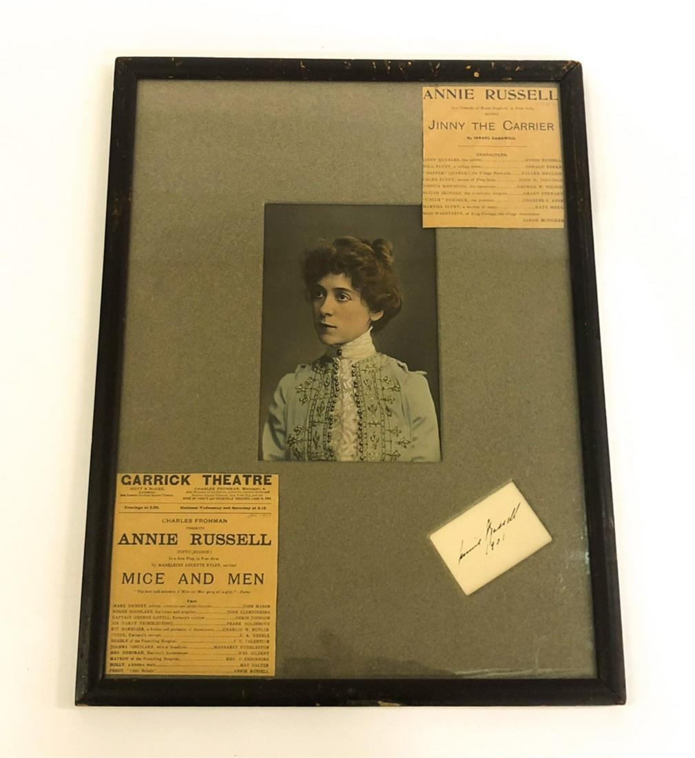 ACTRESS ANNIE RUSSELL AUTOGRAPH & COLORED PHOTO: Together with (2) newspaper clippings 1901-1903. framed 21 x 16 inches