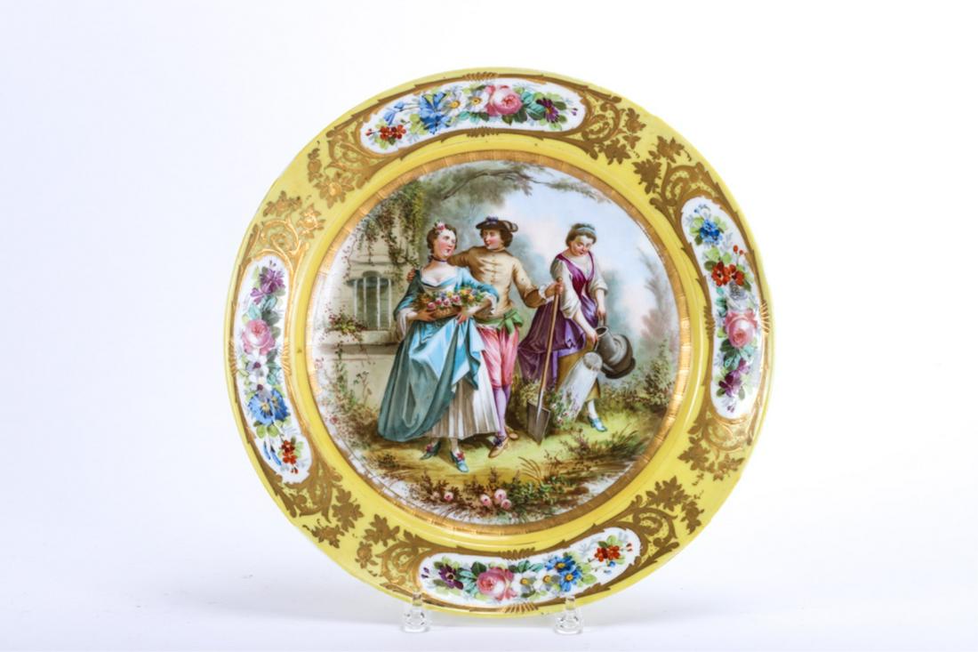 (19th c) SEVRES PORCELAIN PLATTER: A Romantic Scene in the Flower Garden unsigned. marked "Sevres A" verso. 15 inches