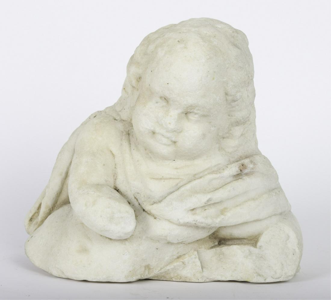 ROMAN CARVING OF ANTIQUITY: Young Child with Cape marble 10 1/2 x 12 x 7 inches.