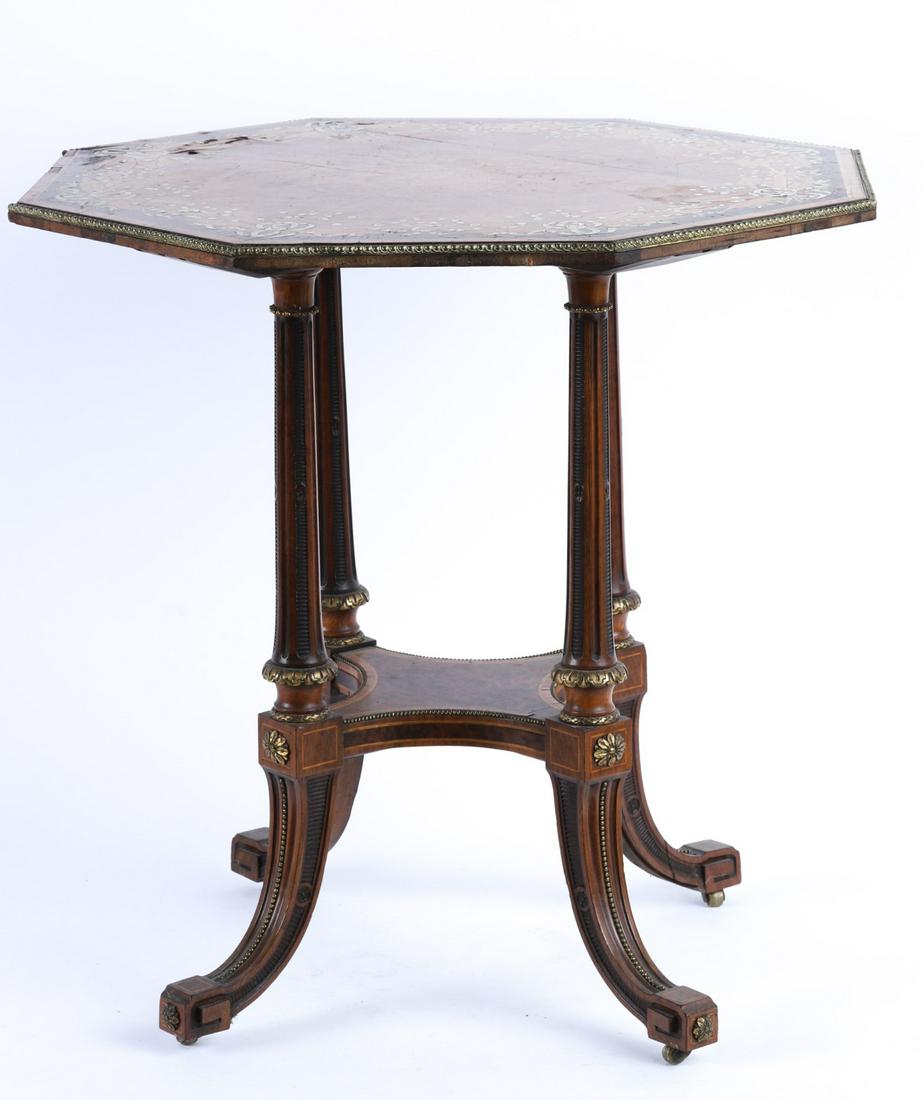 ITALIAN "LILY OF THE VALLEY" MARQUETRY STAND: Octagonal (4) legged stand with gilt ormolu mounts consisting of beads, acanthus leaves and florets that adorns a frame carved with recessed reeded legs and columns. Nice choices in contrasting veneer