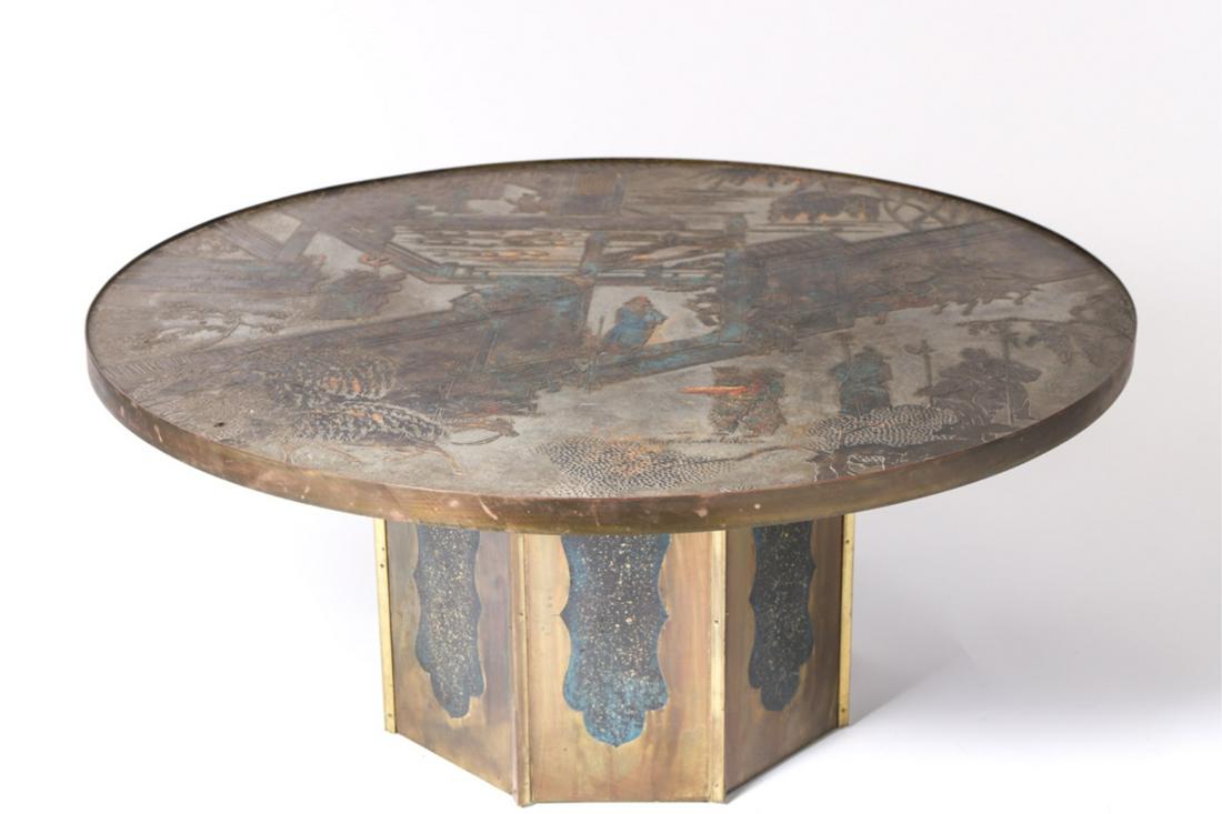 PHILIP+KELVIN LAVERNE BRONZE COFFEE "CHAN" TABLE: Chan etched bronze table with iconic bronze etching of Asian/ Chinese figures in a courtyard. Muted palette and enameled octagonal base. 17 1/2 x 40 inches