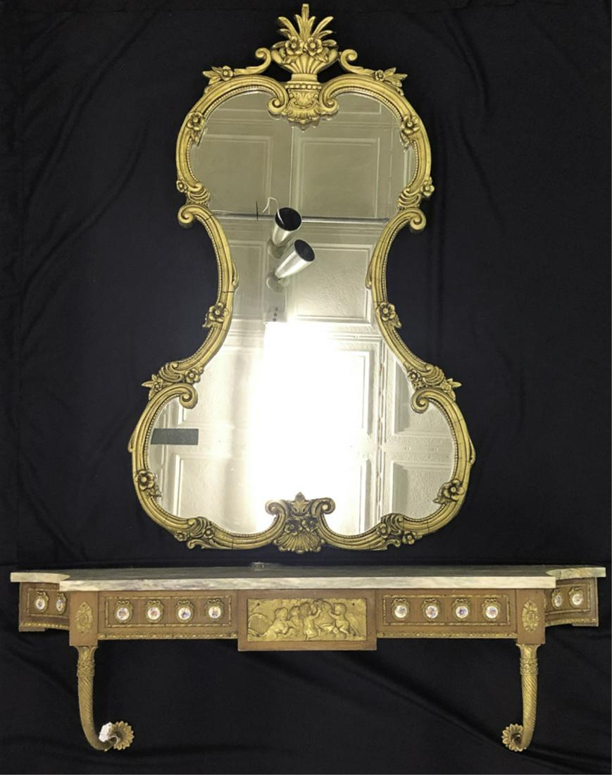(20th c) FRUITWOOD CONSOLE MIRRORED SHELF: Shaped marble top shelf with concave sides is adorn with (16) hand painted floral porcelain medallions. Each framed with cast bronze wreaths that flank a center bronze frieze of cherubs. Shelf is supp