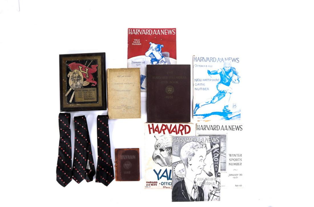 HARVARD EPHEMERA LOT: with plaque date 1903, (2) neck ties, (3) books, and (5) magazines.