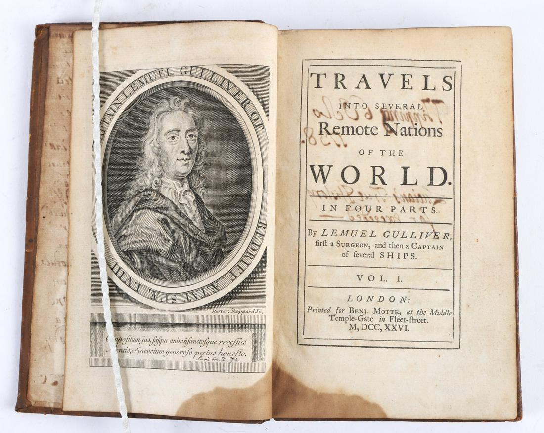 FIRST EDITION JONATHAN SWIFT GULLIVER TRAVELS 1726: Volume 1 "Travels into Several Remote Nations of the World" London: Printed for Benj. Motte, at the Middle Temple-Gate in Fleet-ftreet. M,DCC,XXVI..hardcover leather bound