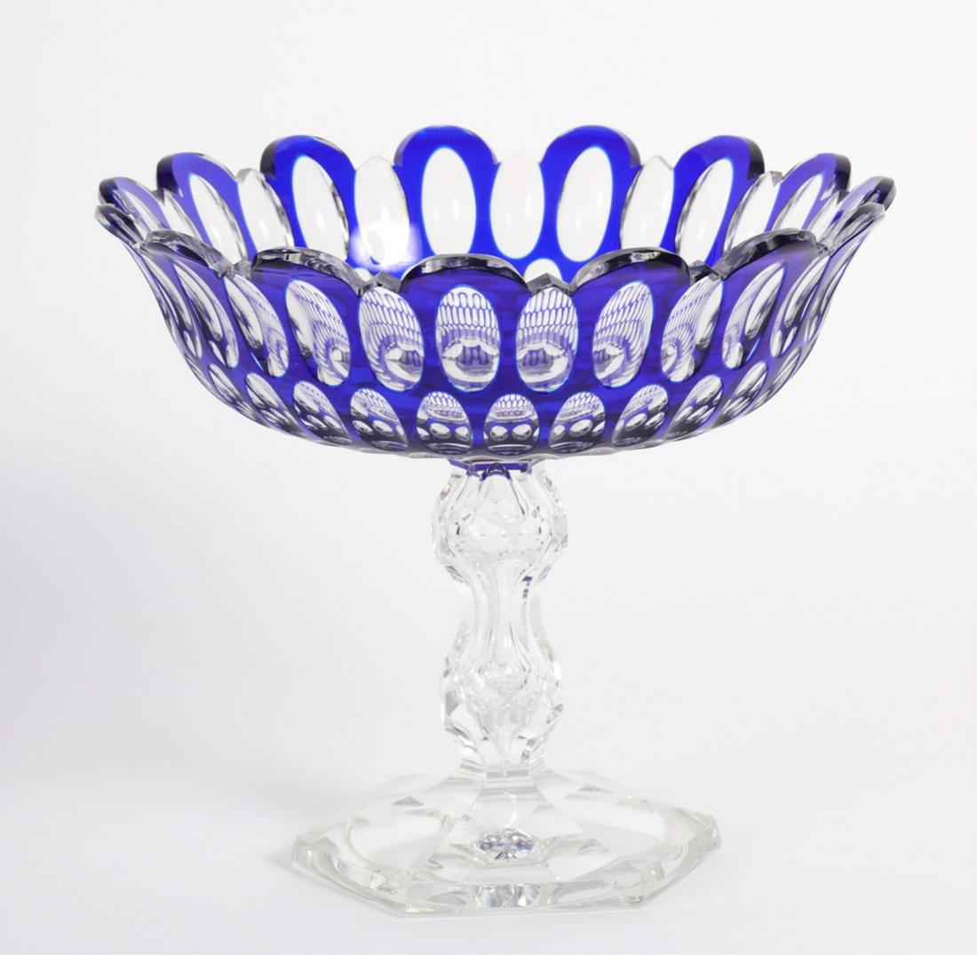 VAL SAINT LAMBERT BLUE CUT to CLEAR COMPOTE: 7 3/4 x 9 inches