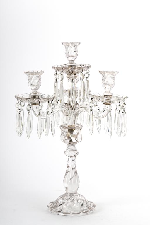 GLASS (4) LIGHT CANDELABRA: Overall floral-twist motif with bobeches and lusters. 19 inches.