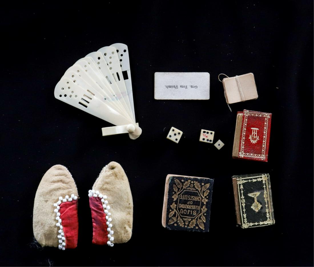 GROUPING OF MINIATURES of CHILDREN'S INTEREST: Including: Moccasins, fan, cards, dice, 1843 primer, illustrations of Christ's Life, Paroissien