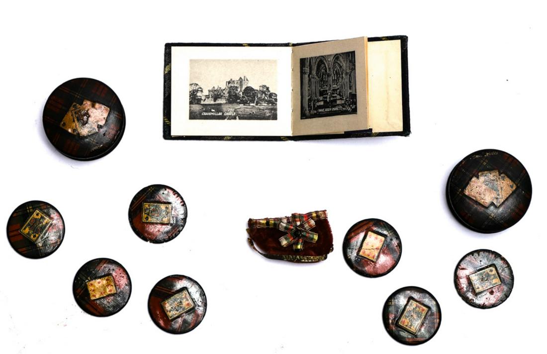 (4) SCOTTISH MINIATURES TARTANWARE, TAM & PHOTOS: (16) Calotype Views of Edinburgh. (2) Tartanware canisters contain (7) gaming chips.