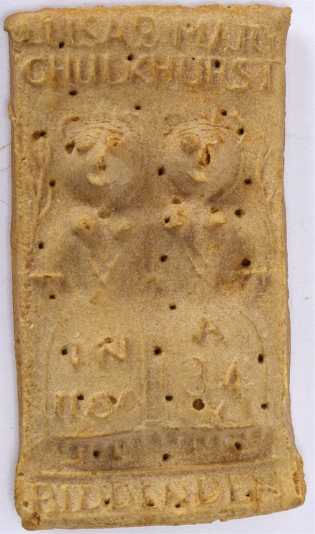 1868 BIDDENDEN MAIDS BISCUIT: Brought back from England in 1868 by Mary Chester Chescbra ? 4 x 2 1/4 inches.