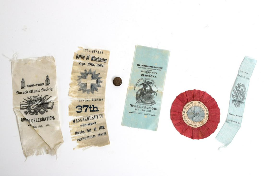 1830 JULY REVOLUTION RIBBON, 1847 WASHINGTON etc: 1830 Second French Revolution Lafayette Louis Phillip I ribbon, 1847 Washington Monument Cornerstone ribbon, New York Amateur Music Fund Society, Battle of Winchester ribbon and button and a New York 