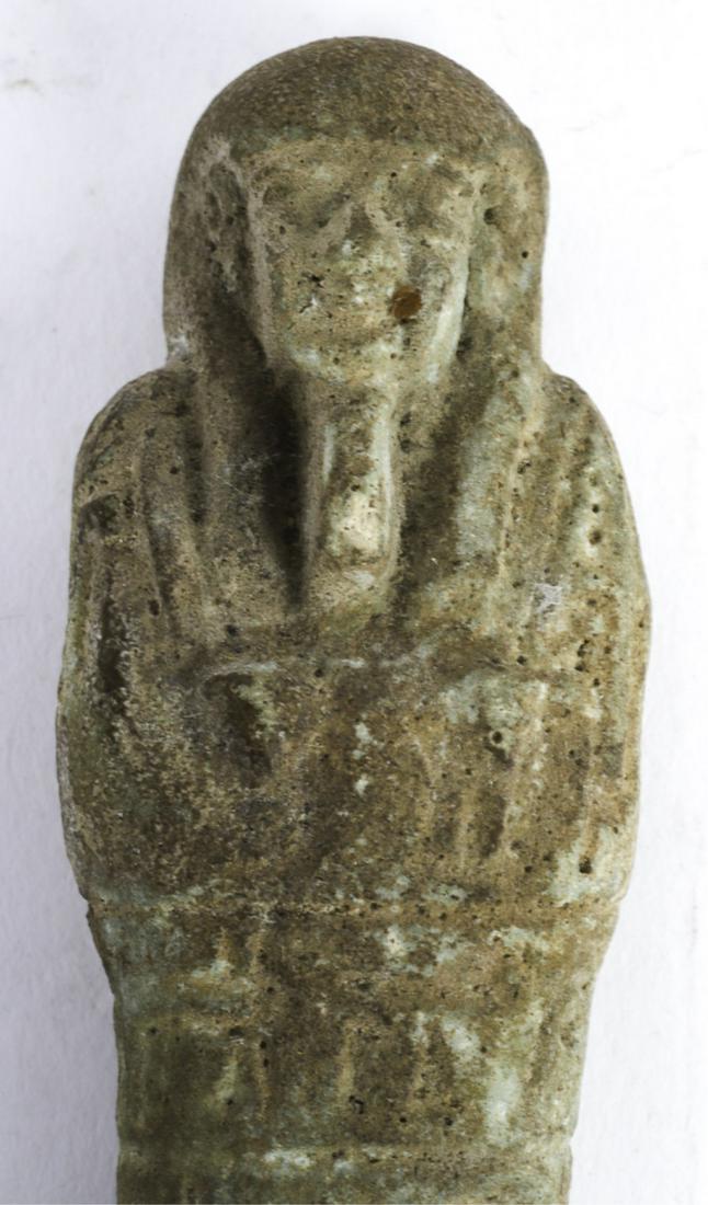 EGYPTIAN CARVED GREEN STONE SARCOPHAGUS: Hieroglyphic inscriptions on lower half. Appears to have good age. 4 1/2 inches