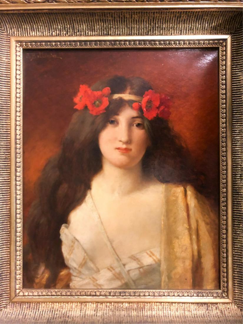 JULES F. BALLAVOINE (1842-1914): Young Woman in Robe wearing Poppies oil on canvas 18 1/2 x 15 inches. signed. framed 24 x 20 1/2 inches (overall)