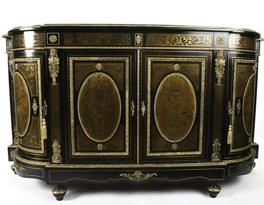 LOUIS XV STYLE BOULLE SERVER: Ebonized D-form boulle case with ormolu mounts of running floral and acanthus leaf moldings, florets, rococo scrolls and figural capitols. Each of the (4) doors open to satin-lined shelved cabinets. 4
