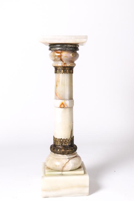 FRENCH VICTORIAN ONYX PEDESTAL with ORMOLU MOUNTS: Rotating top with column bracketed by (2) pierced bronze collars . 40 x 12 x 12 inches.