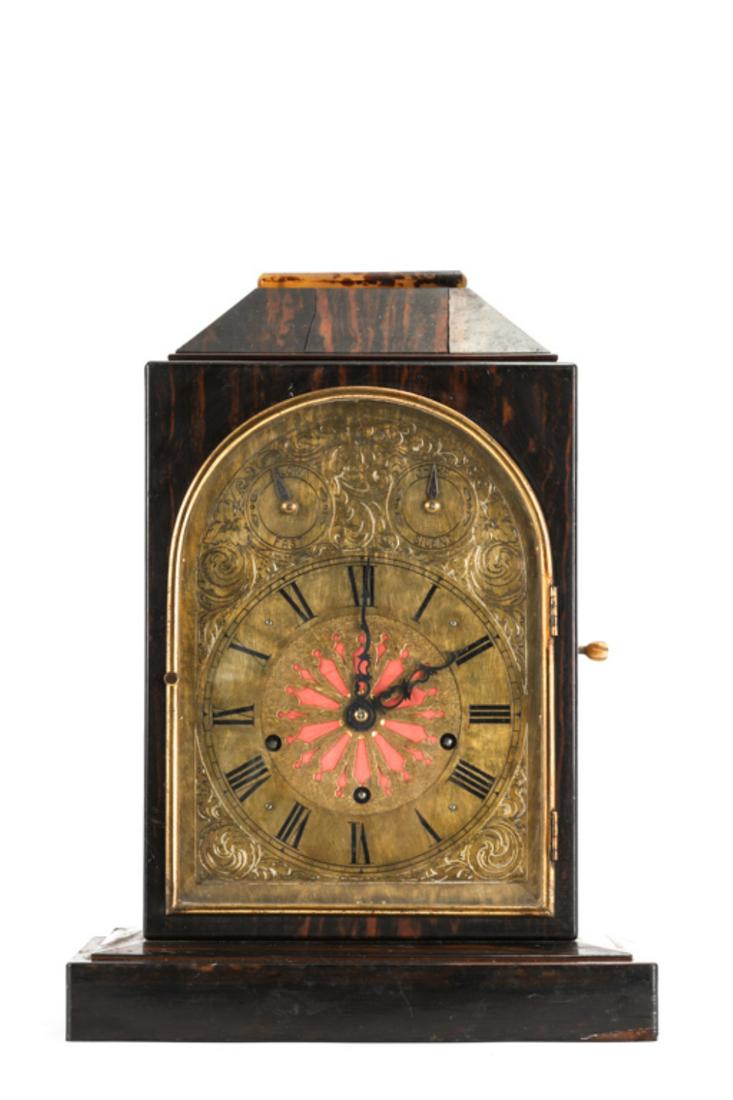GERMAN MANTLE CLOCK w ENGRAVED BRASS FACE & CHIME: Dials to control speed and chimes. (3) key movement with (4) chimes. numbered 23526 otherwise unmarked. Case with exotic wood veneer resembling tortoise shell